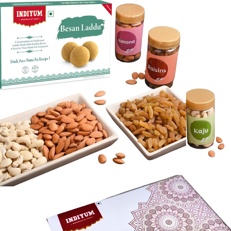 Indiyum Gift Hamper Besan Ladoo 200g | Dry Fruits 300g | Kaju-Badam-Kishmish 100g each in pet jars | Gift for festivals | Gift for festivals