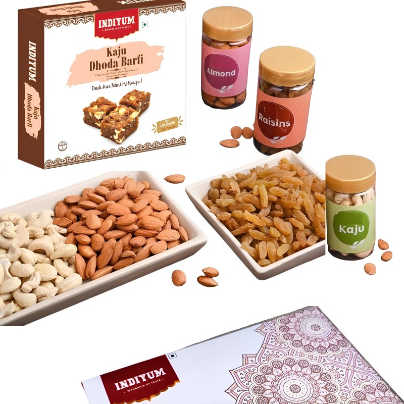 Indiyum Gift Hamper Dodha Burfi 200g | Dry Fruits 300g | Kaju-Badam-Kishmish 100g each in pet jars | Gift for festivals | Gift for festivals