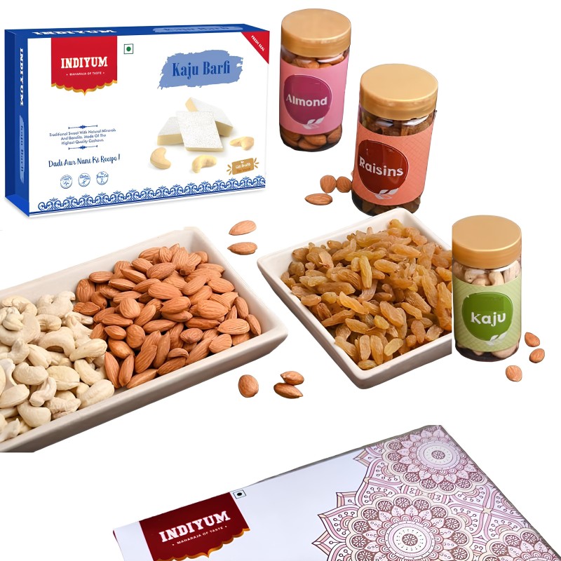 Indiyum Gift Hamper Kaju Burfi 200g | Dry Fruits 300g | Kaju-Badam-Kishmish 100g each in pet jars | Gift for festivals | Gift for friends