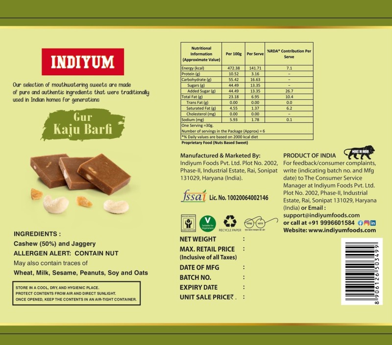 Indiyum Gur Kaju Barfi 200g